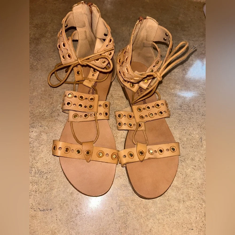 Barbara Barbieri Tan Gladiator Sandals - studded lace up flats